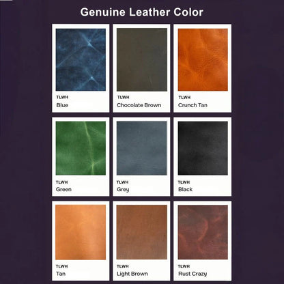 Color swatches of genuine leather in various shades on a dark background