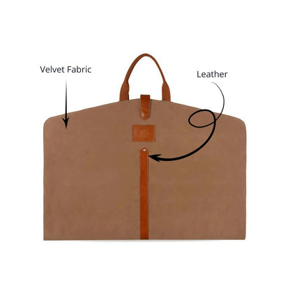 Brown garment bag with leather accents and labels indicating velvet fabric and leather.