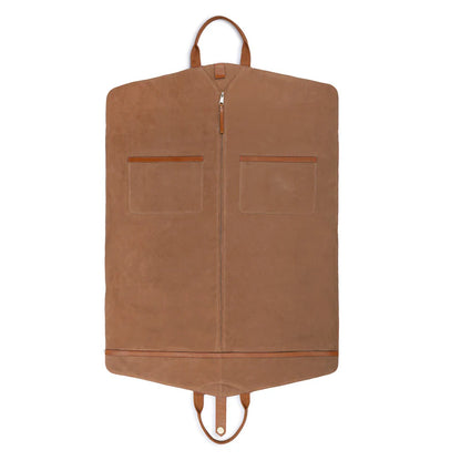 Brown leather garment bag on a white background