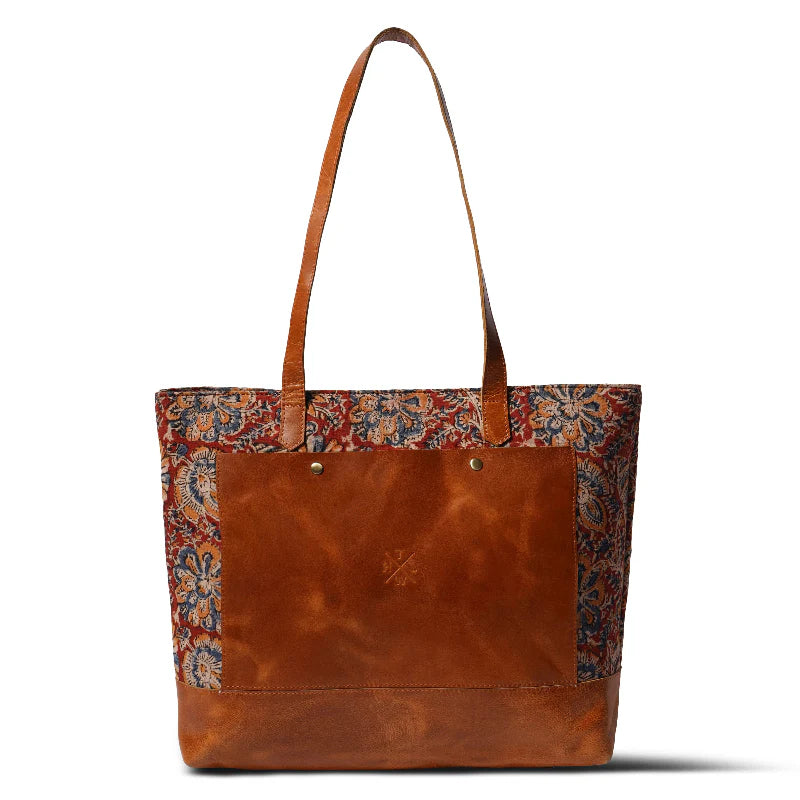 Brown leather tote bag with floral pattern on a white background