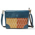 Blue and patterned shoulder bag on a white background