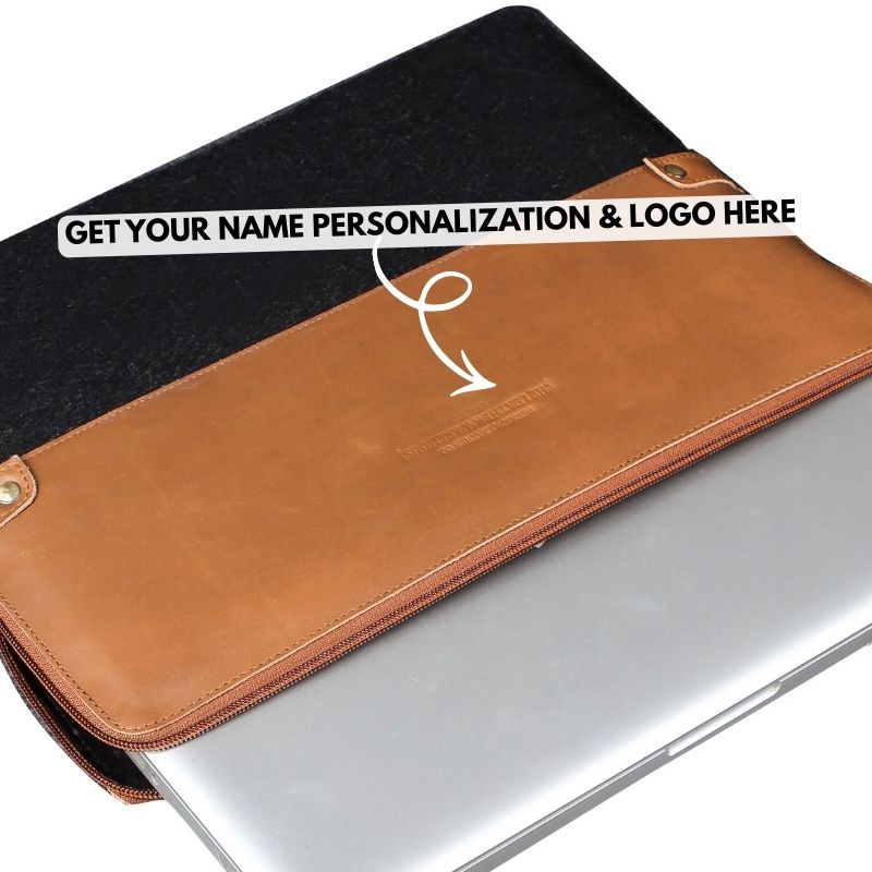 Laptop sleeve with brown leather finish and black fabric, with text overlay for personalization.