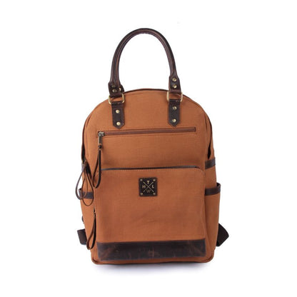 Brown backpack with black accents on a white background