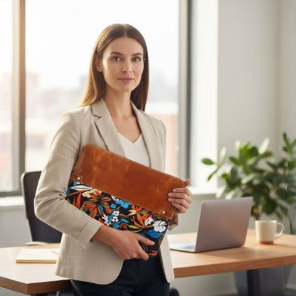 Woman holding a colorful clutch bag in an office setting