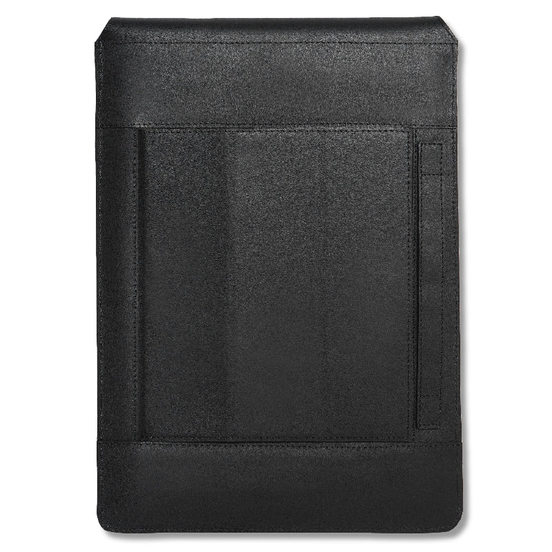 Black leather-bound notebook with a pocket on a white background