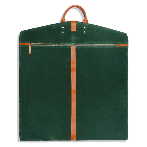 Green garment bag with brown leather straps on a white background