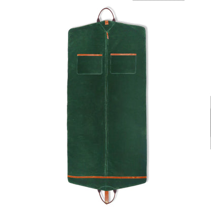 Green garment bag with brown accents on a white background