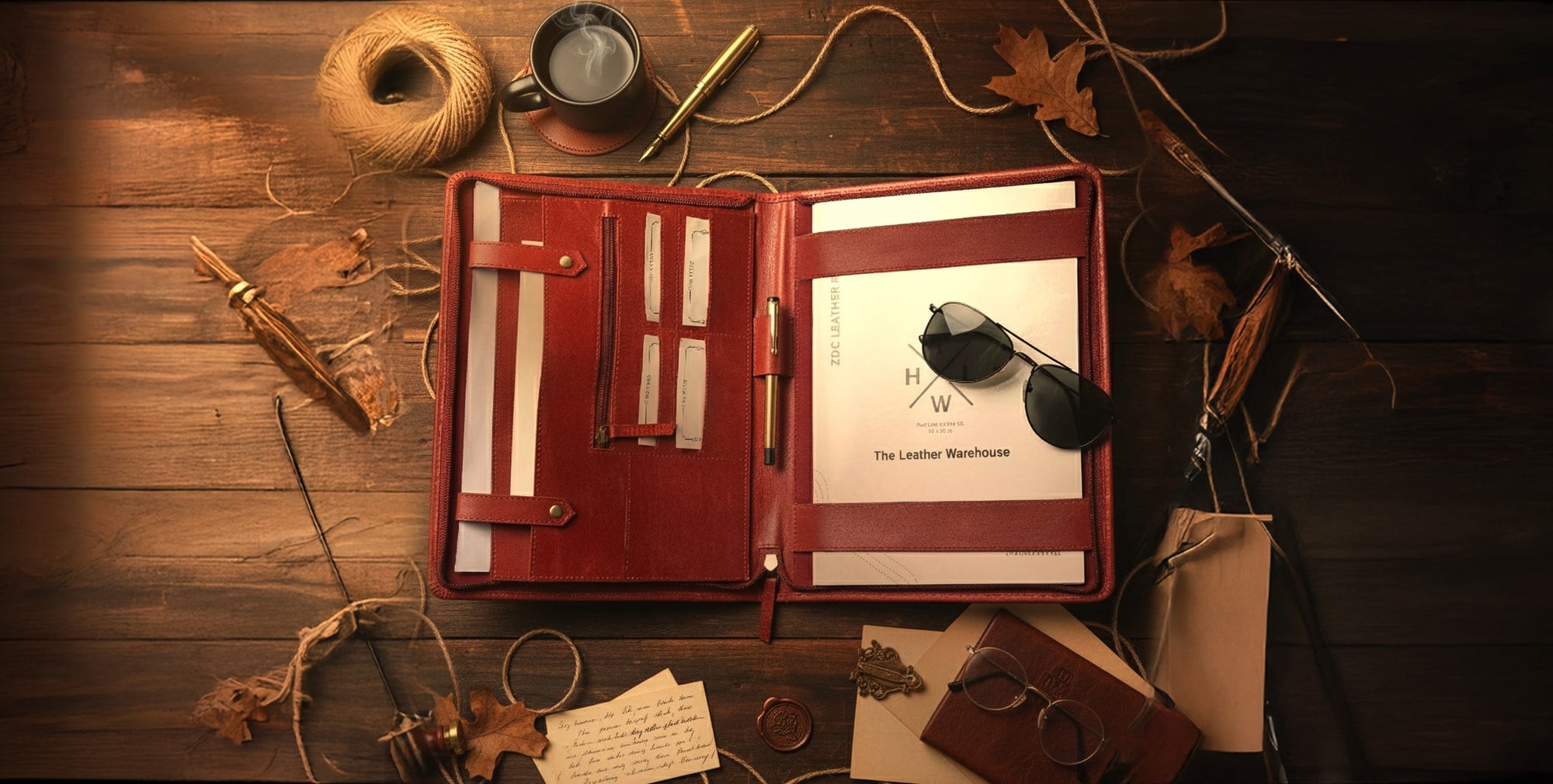 Red leather wallet with sunglasses on a wooden surface with leaves and a cup.