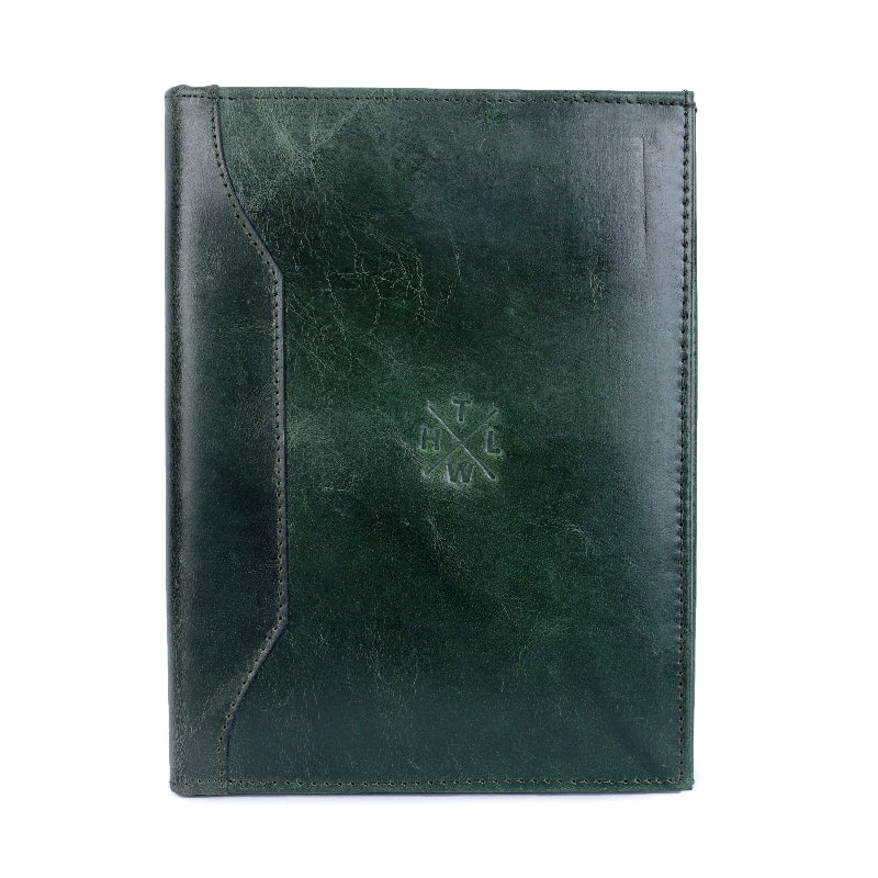 Green leather case with a logo on a white background