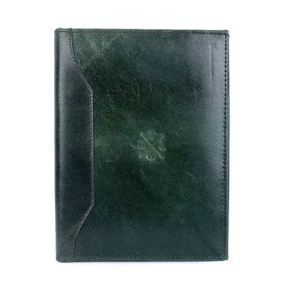 Green leather case with a logo on a white background