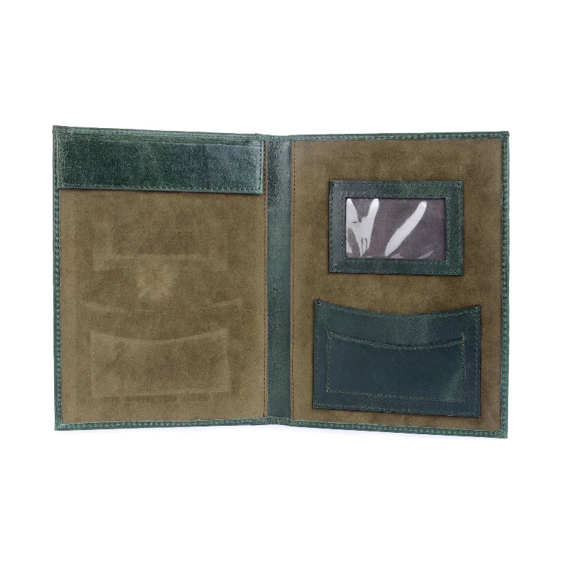 Open green menu cover with card slots on a white background