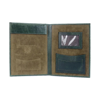 Open green menu cover with card slots on a white background