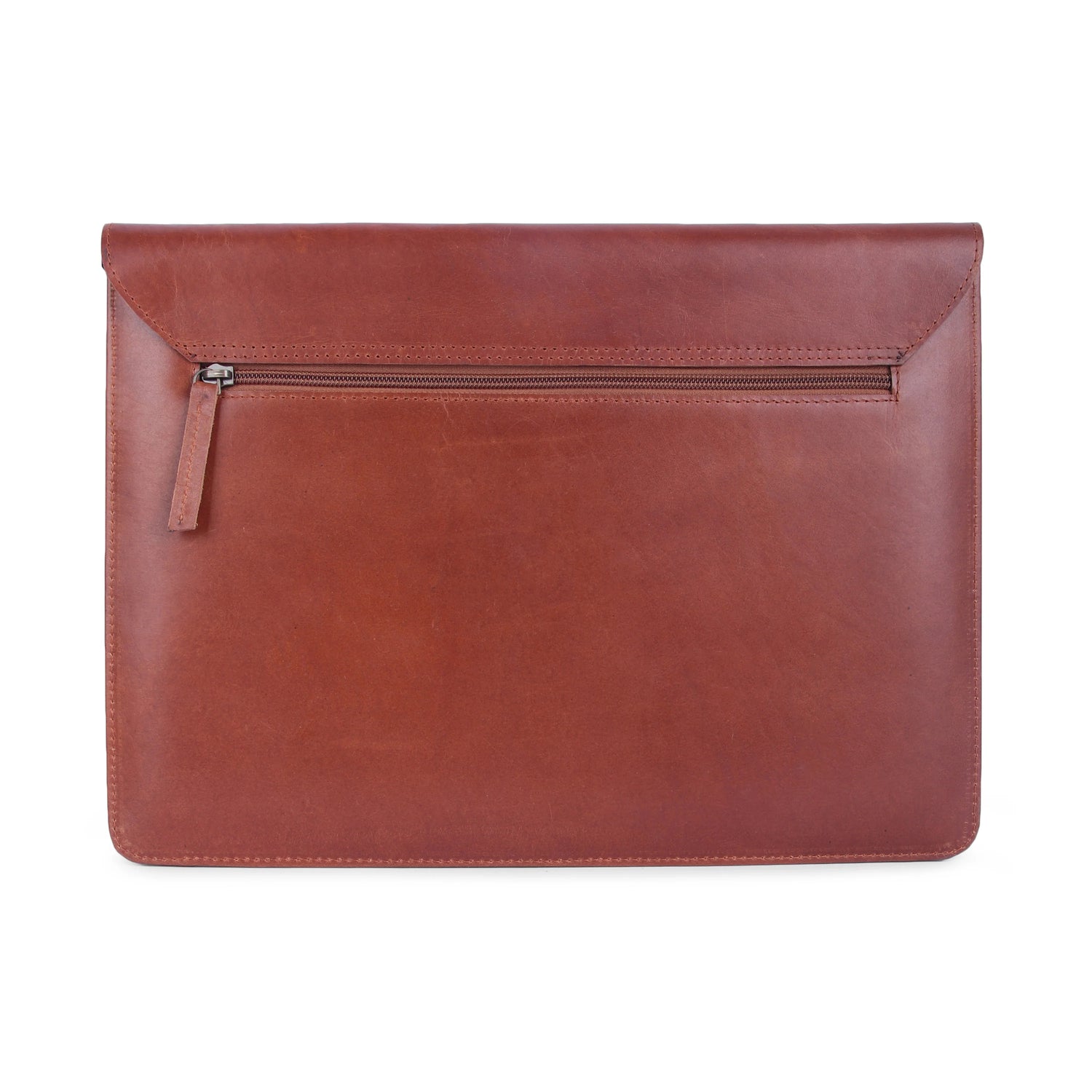 Brown leather sleeve with a zipper on a white background