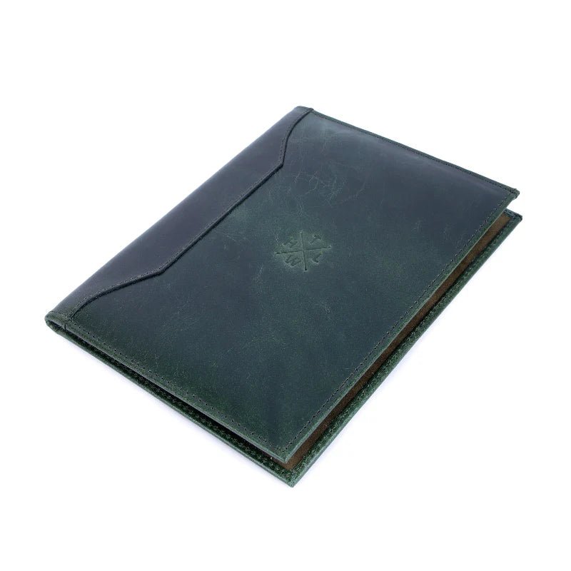 Green leather menu cover with a brand logo on a white background