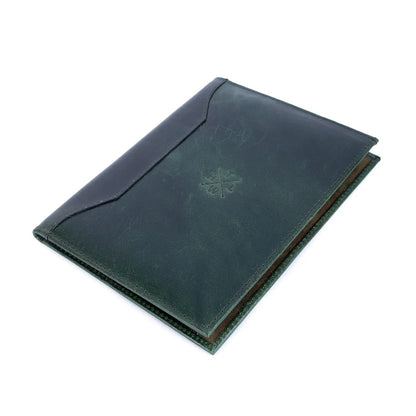 Green leather menu cover with a brand logo on a white background