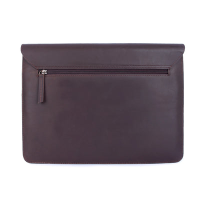 Dark brown leather laptop sleeve with a zipper on a white background