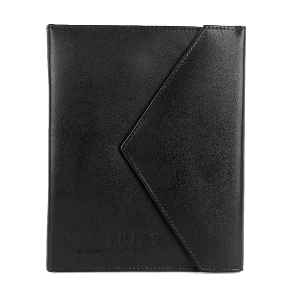 Black leather case on a white background