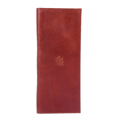Red leather menu cover with a logo on a white background