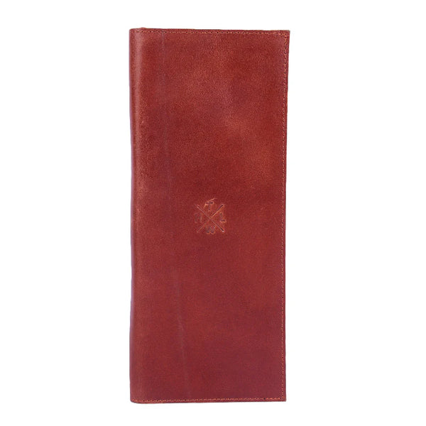 Red leather menu cover with a logo on a white background