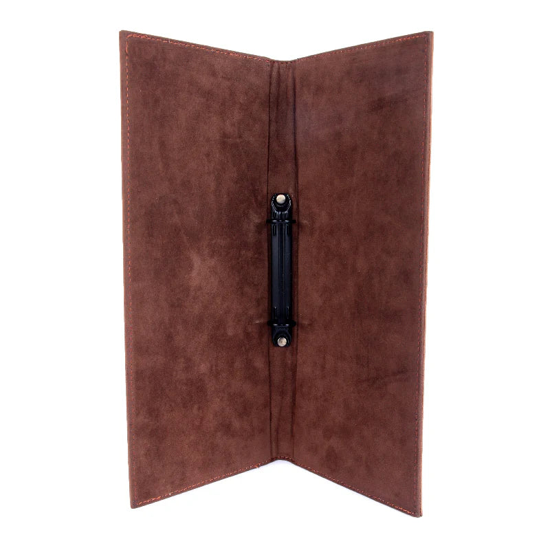 Brown leather menu cover with a black clip on a white background