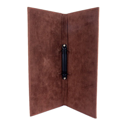 Brown leather menu cover with a black clip on a white background