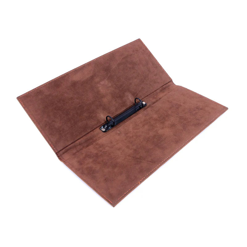 Brown leather menu cover with a black strap on a white background