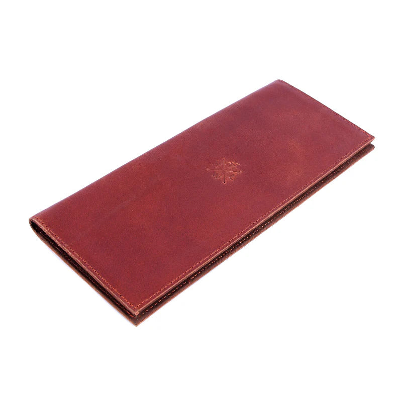 Red leather menu cover with a brand logo on a white background