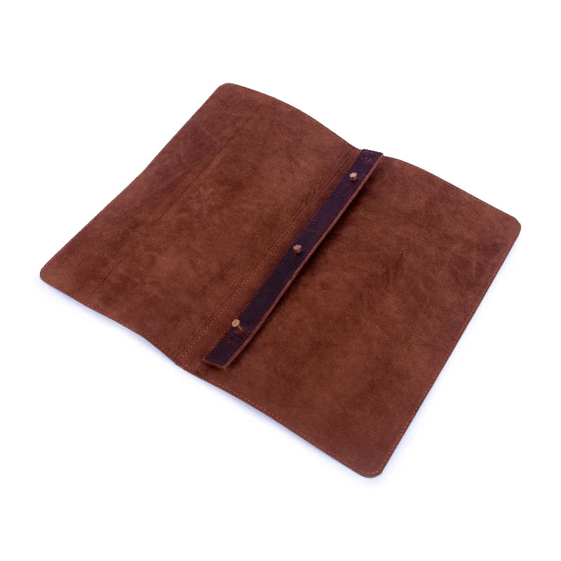 Brown menu cover with a strap on a white background