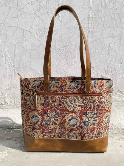 backside leather and kalamkari fabric tote handbag