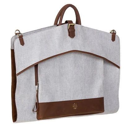 Gray garment bag with brown accents on a white background