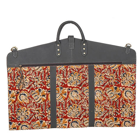 Floral-patterned garment bag with a dark gray top section on a white background