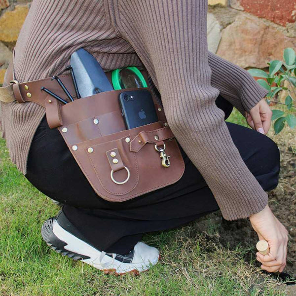 personalized Brown leather gardening tool belt organizer 