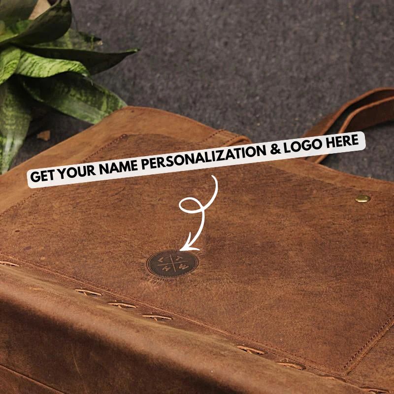 Brown leather bag with text overlay for personalization on a dark background