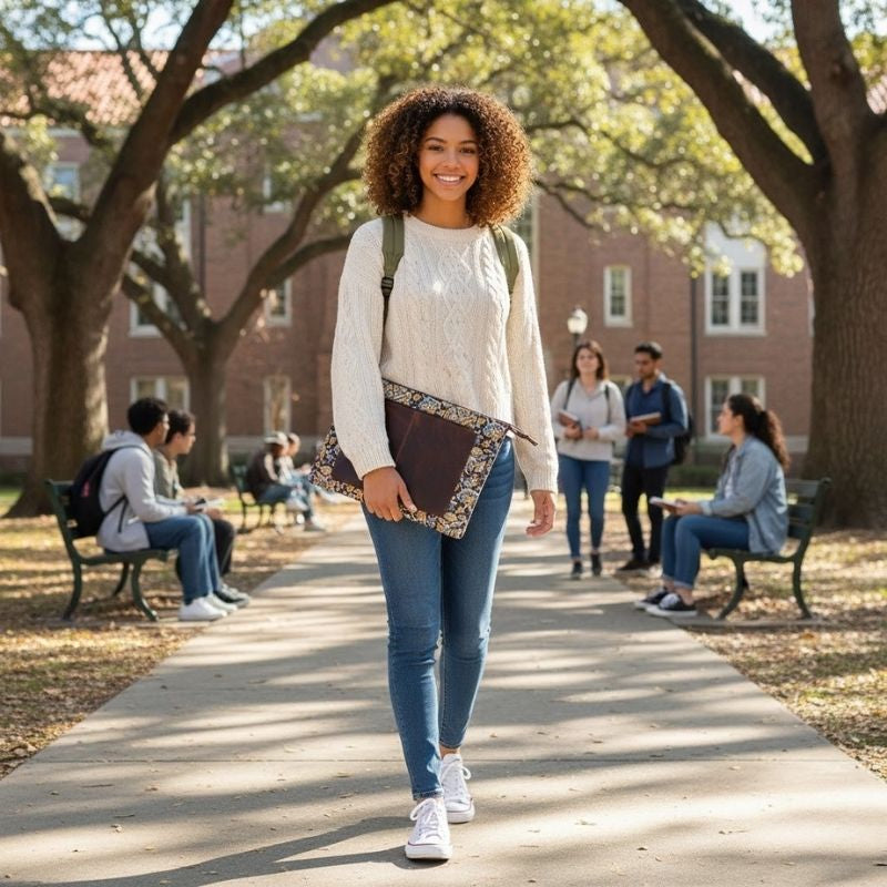 Woman walking on a college campus with friends in the background