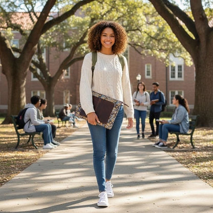 Woman walking on a college campus with friends in the background