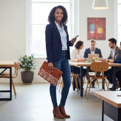 Woman standing in a modern office with colleagues in the background