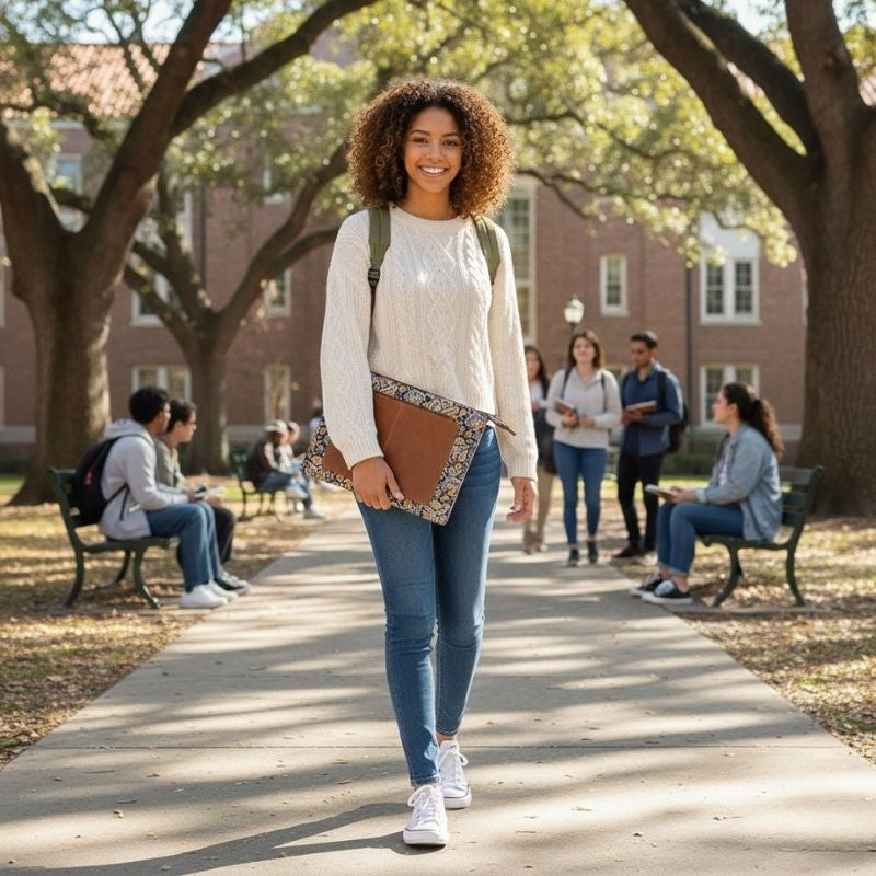 Student walking on a college campus with classmates in the background