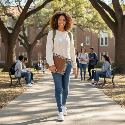 Student walking on a college campus with classmates in the background