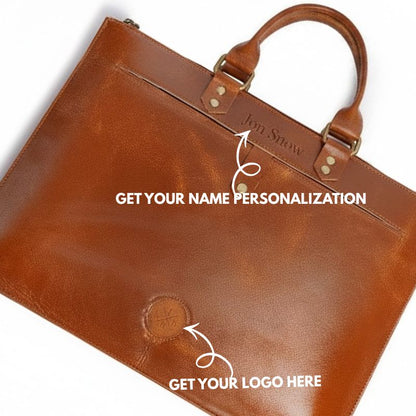 Brown leather sleeve with text indicating name and logo personalization options on a white background