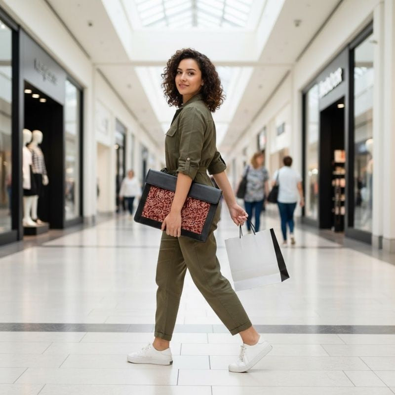 Woman walking through a shopping mall holding a sleeve and a shopping bag.