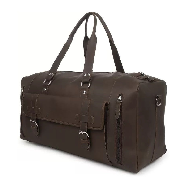 Brown leather duffel bag on a white background