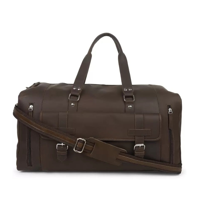 Brown leather duffel bag with multiple straps on a white background