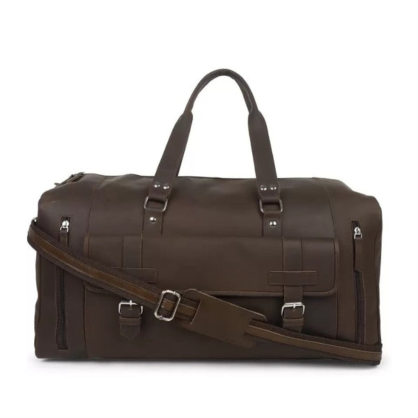 Brown leather duffel bag with multiple straps on a white background