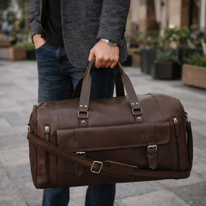 Person holding a brown leather duffel bag outdoors