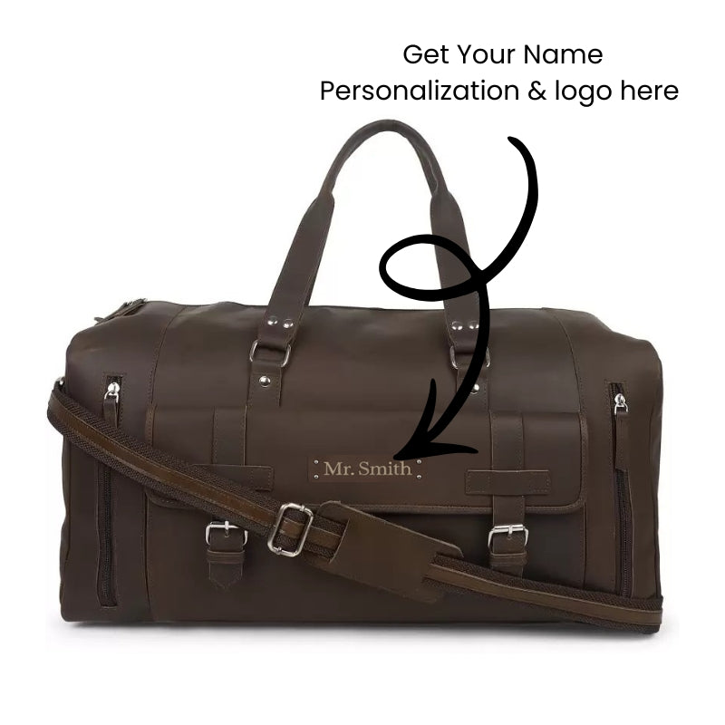 Brown leather duffel bag with customizable text on a white background
