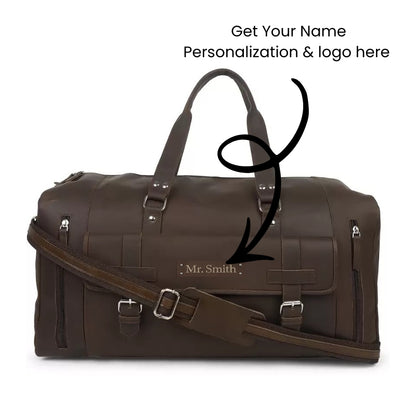 Brown leather duffel bag with customizable text on a white background