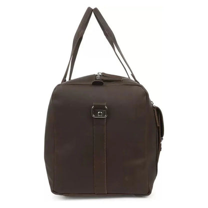 Brown duffel bag with a strap on a white background