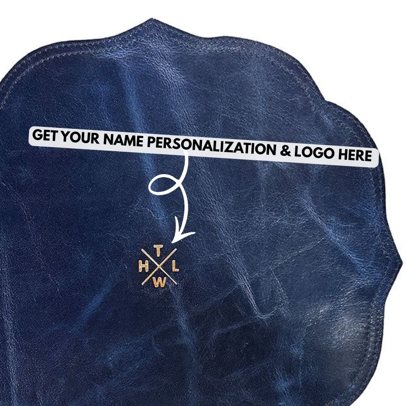 Navy blue leatherplace mat with customizable text and logo area on a white background