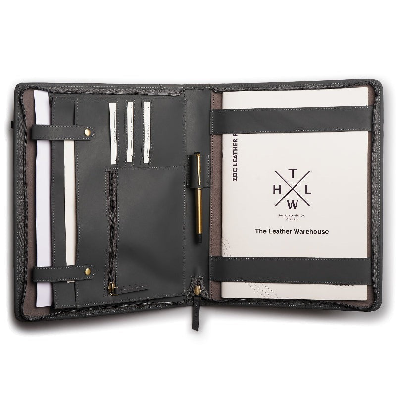 Black leather portfolio with pen holder and branded interior