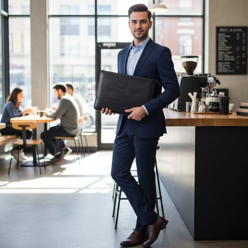 Man in a suit holding a black leather laptop case in a modern office setting.